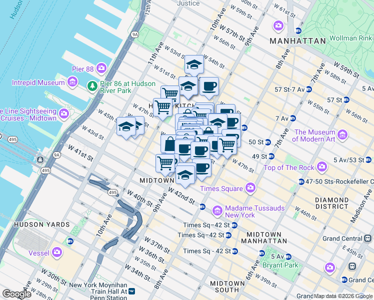 map of restaurants, bars, coffee shops, grocery stores, and more near in New York