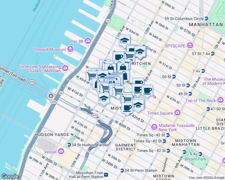 map of restaurants, bars, coffee shops, grocery stores, and more near 500 West 43rd Street in New York