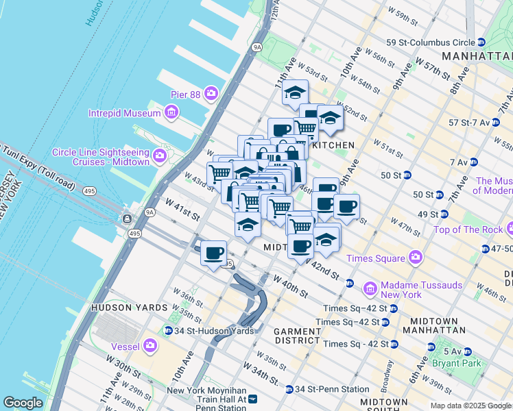 map of restaurants, bars, coffee shops, grocery stores, and more near 500 West 43rd Street in New York