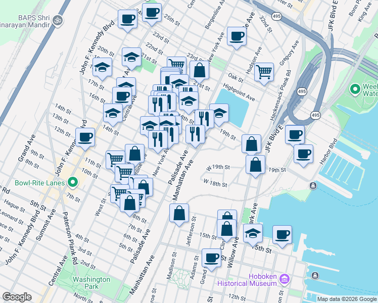 map of restaurants, bars, coffee shops, grocery stores, and more near 201 16th Street in Union City