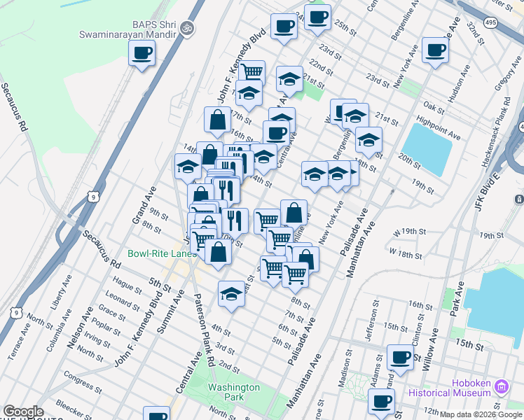 map of restaurants, bars, coffee shops, grocery stores, and more near 1215 Central Avenue in Union City