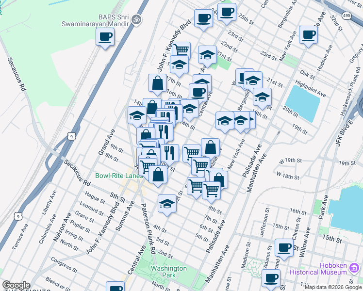 map of restaurants, bars, coffee shops, grocery stores, and more near 1215 Central Avenue in Union City
