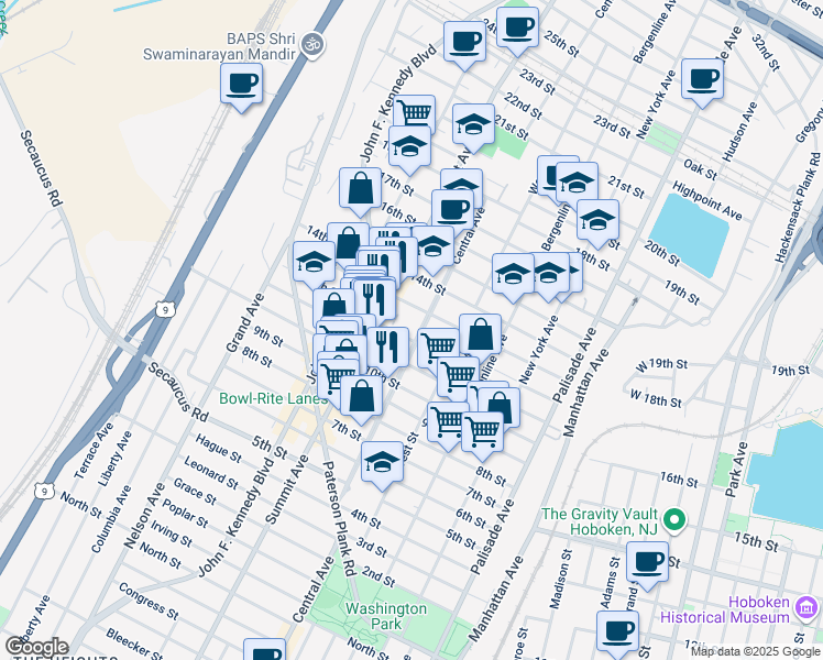 map of restaurants, bars, coffee shops, grocery stores, and more near 1215 Central Avenue in Union City