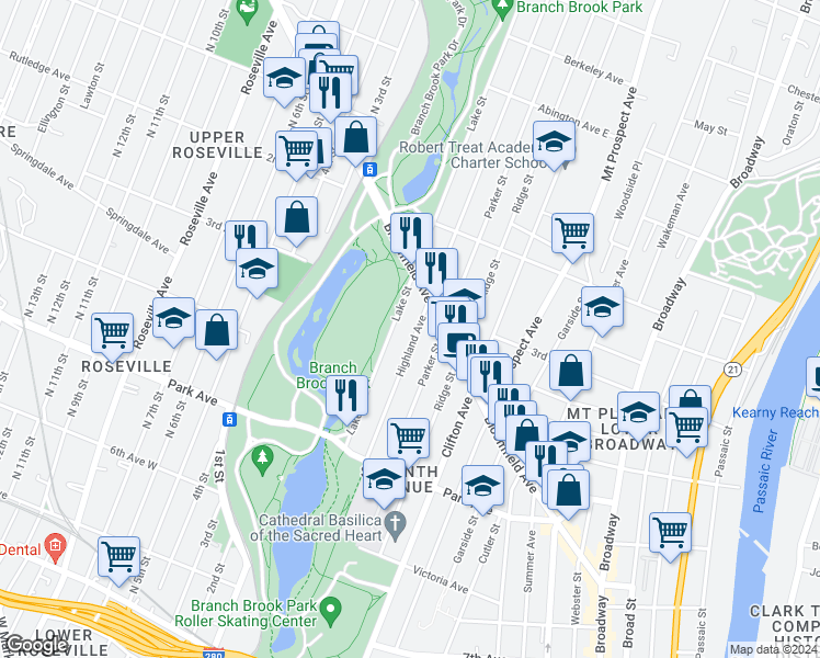 map of restaurants, bars, coffee shops, grocery stores, and more near 136 Highland Avenue in Newark