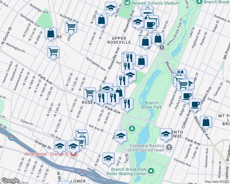 map of restaurants, bars, coffee shops, grocery stores, and more near 361 North 6th Street in Newark