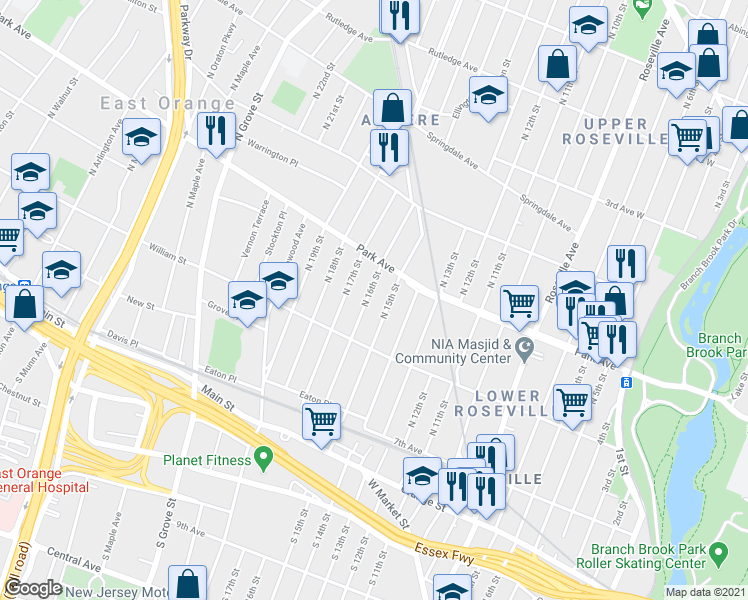 map of restaurants, bars, coffee shops, grocery stores, and more near 110 North 16th Street in East Orange