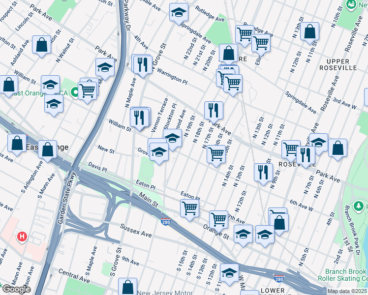 map of restaurants, bars, coffee shops, grocery stores, and more near 84 North 19th Street in East Orange