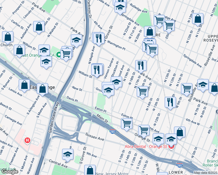 map of restaurants, bars, coffee shops, grocery stores, and more near 136 William Street in East Orange