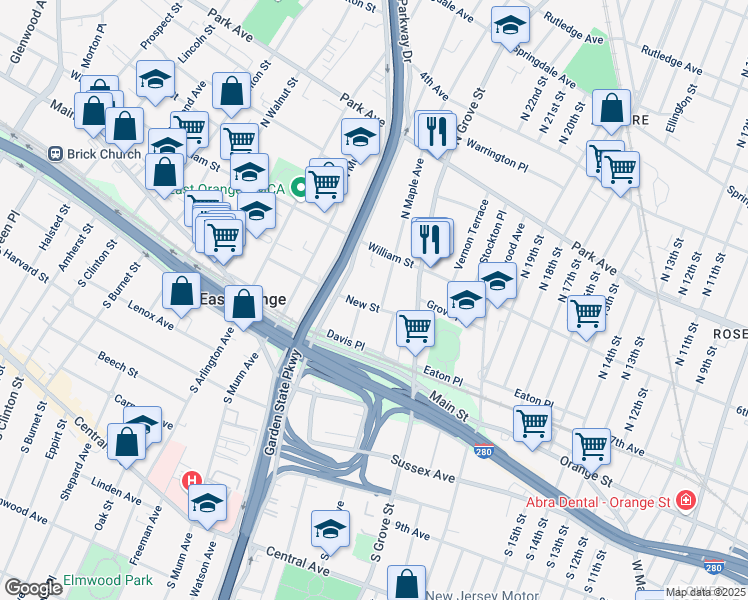 map of restaurants, bars, coffee shops, grocery stores, and more near 98 North Maple Avenue in East Orange