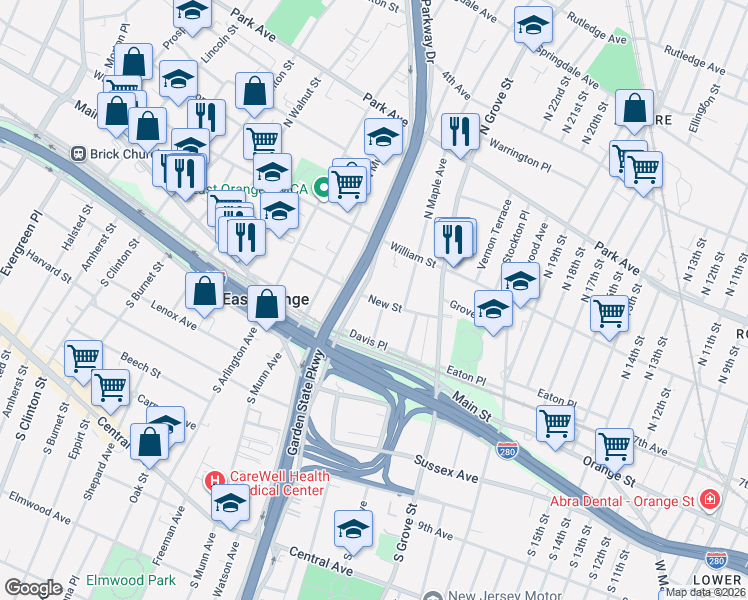 map of restaurants, bars, coffee shops, grocery stores, and more near 62 New Street in East Orange