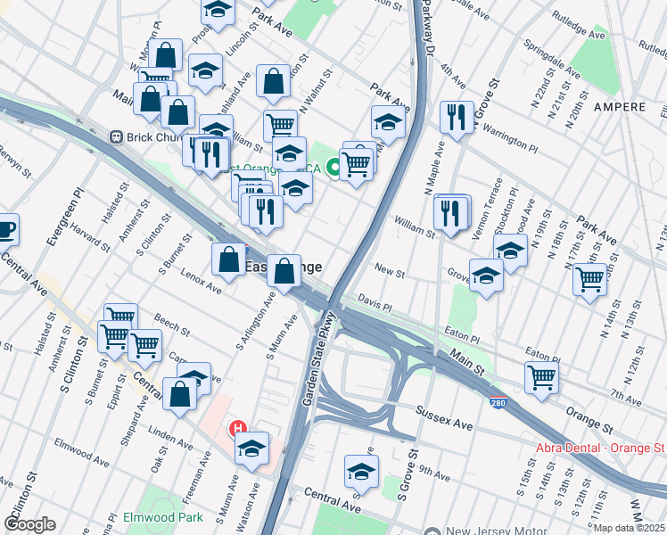 map of restaurants, bars, coffee shops, grocery stores, and more near 107 New Street in East Orange