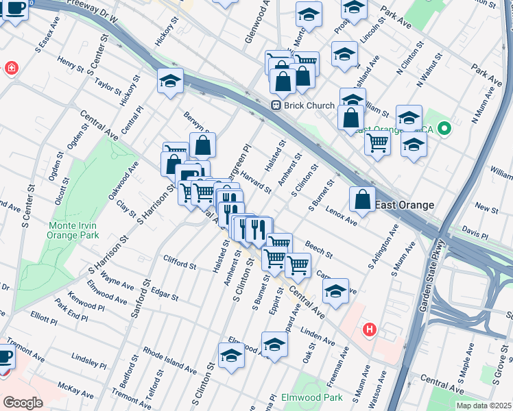 map of restaurants, bars, coffee shops, grocery stores, and more near 111 Amherst Street in East Orange