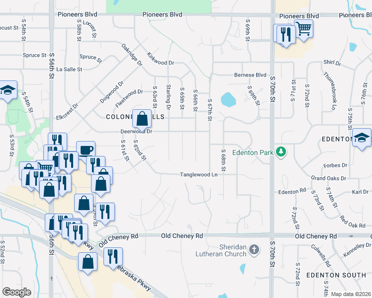 map of restaurants, bars, coffee shops, grocery stores, and more near 5309 South 65th Street Circle in Lincoln