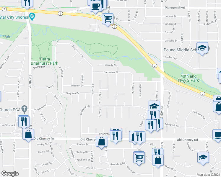map of restaurants, bars, coffee shops, grocery stores, and more near 5233 South Windlesham Court in Lincoln