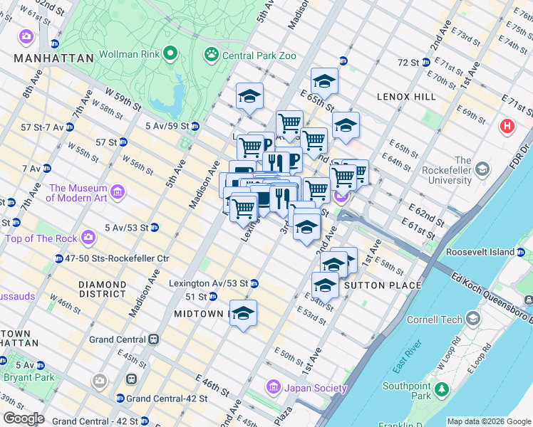map of restaurants, bars, coffee shops, grocery stores, and more near 153 East 57th Street in New York