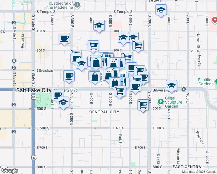 map of restaurants, bars, coffee shops, grocery stores, and more near 455 East 400 South in Salt Lake City