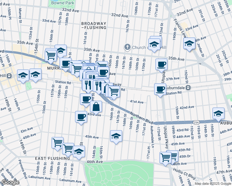 map of restaurants, bars, coffee shops, grocery stores, and more near 40-11 166th Street in Queens