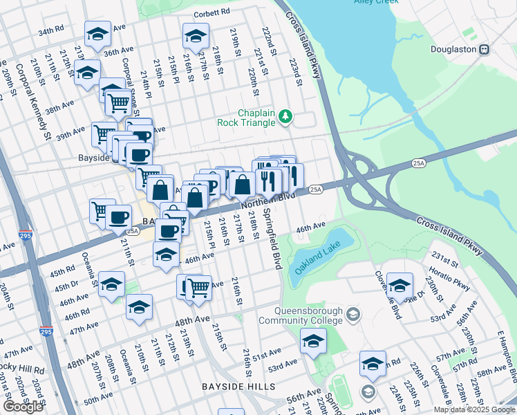 map of restaurants, bars, coffee shops, grocery stores, and more near 21720 Northern Boulevard in Queens