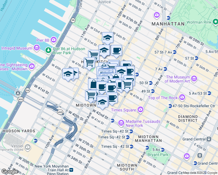 map of restaurants, bars, coffee shops, grocery stores, and more near in New York