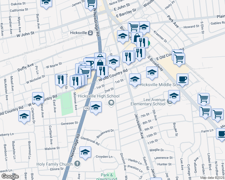 map of restaurants, bars, coffee shops, grocery stores, and more near 140 Division Avenue in Hicksville