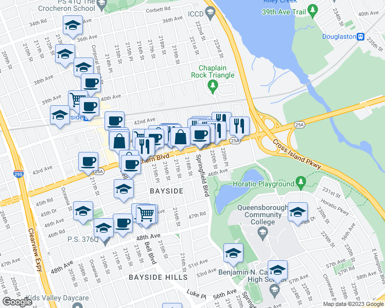 map of restaurants, bars, coffee shops, grocery stores, and more near 218-14 Northern Boulevard in Queens