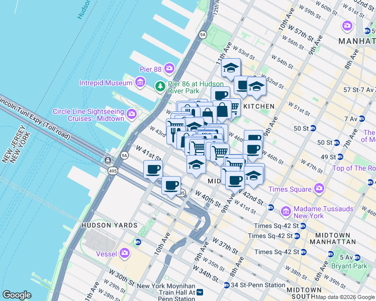 map of restaurants, bars, coffee shops, grocery stores, and more near 532 West 43rd Street in New York