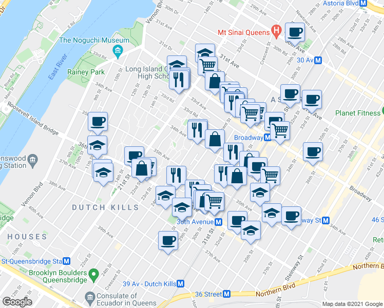 map of restaurants, bars, coffee shops, grocery stores, and more near 34-25 24th Street in Queens