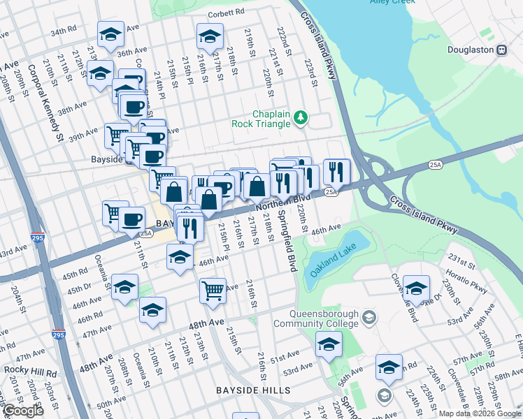 map of restaurants, bars, coffee shops, grocery stores, and more near 21720 Northern Boulevard in Queens