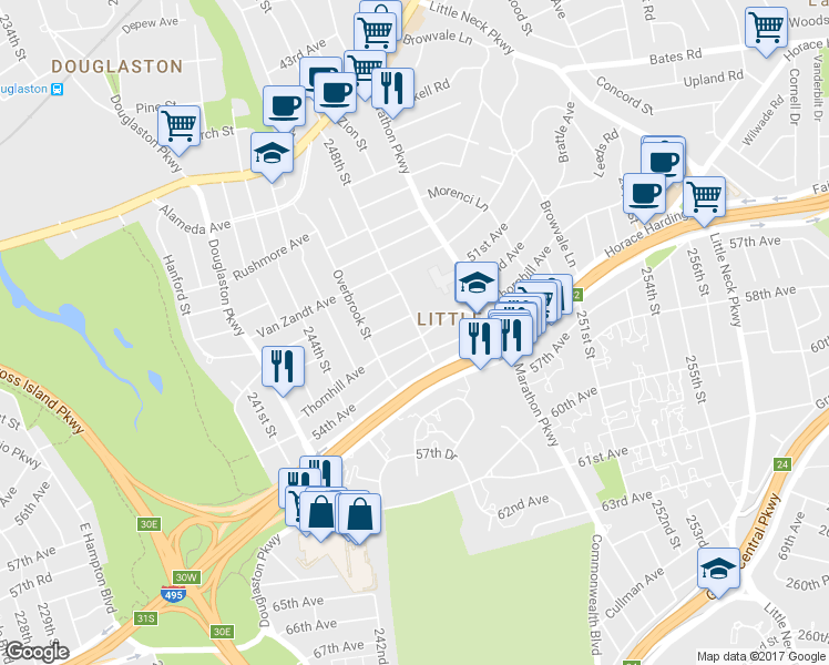 map of restaurants, bars, coffee shops, grocery stores, and more near 52-16 248th Street in Queens