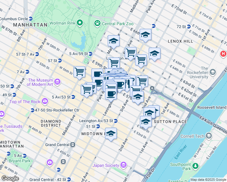 map of restaurants, bars, coffee shops, grocery stores, and more near 126 East 57th Street in New York
