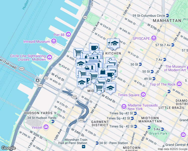 map of restaurants, bars, coffee shops, grocery stores, and more near 459 West 44th Street in New York