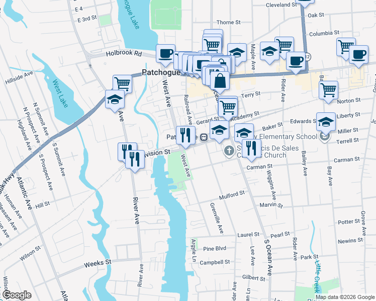 map of restaurants, bars, coffee shops, grocery stores, and more near 76 Division Street in Patchogue
