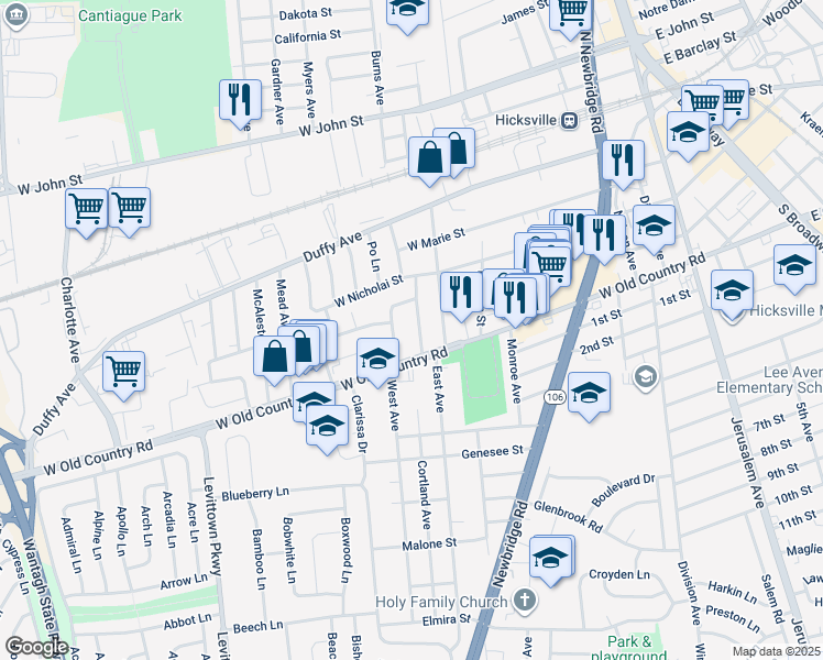 map of restaurants, bars, coffee shops, grocery stores, and more near 16 Cornwall Lane in Hicksville