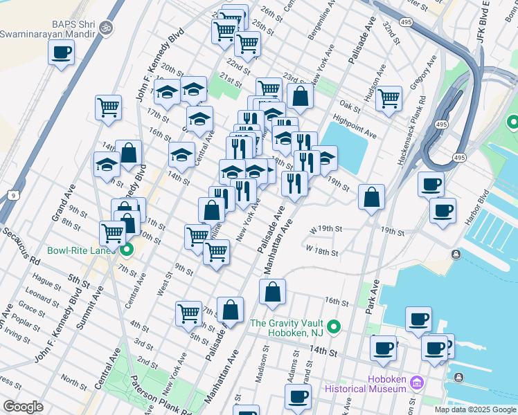 map of restaurants, bars, coffee shops, grocery stores, and more near 1415 New York Avenue in Union City