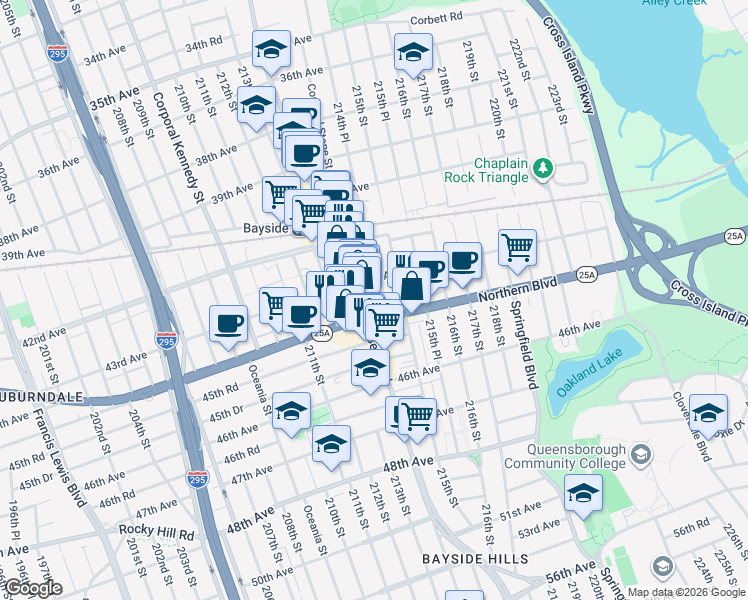map of restaurants, bars, coffee shops, grocery stores, and more near 43-20 214th Place in Queens