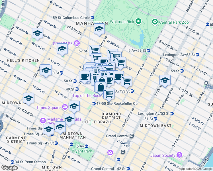 map of restaurants, bars, coffee shops, grocery stores, and more near 1290 6th Avenue in New York