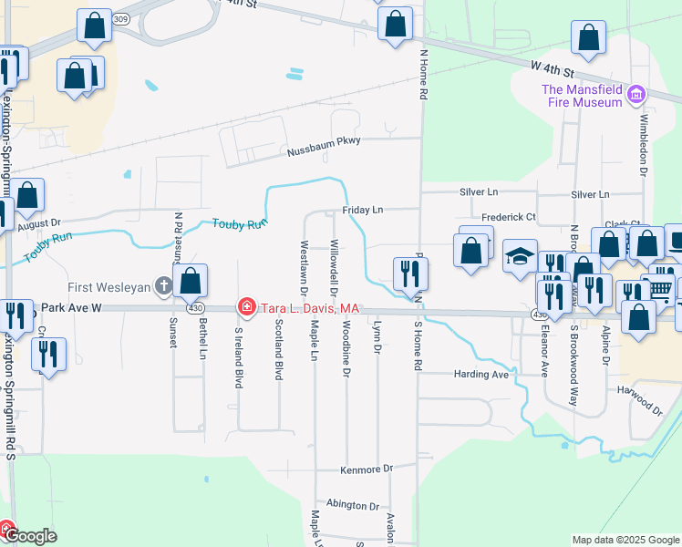 map of restaurants, bars, coffee shops, grocery stores, and more near 312 Willowdell Drive in Ontario