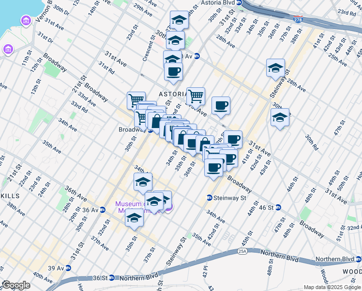 map of restaurants, bars, coffee shops, grocery stores, and more near 3403 Broadway in Queens