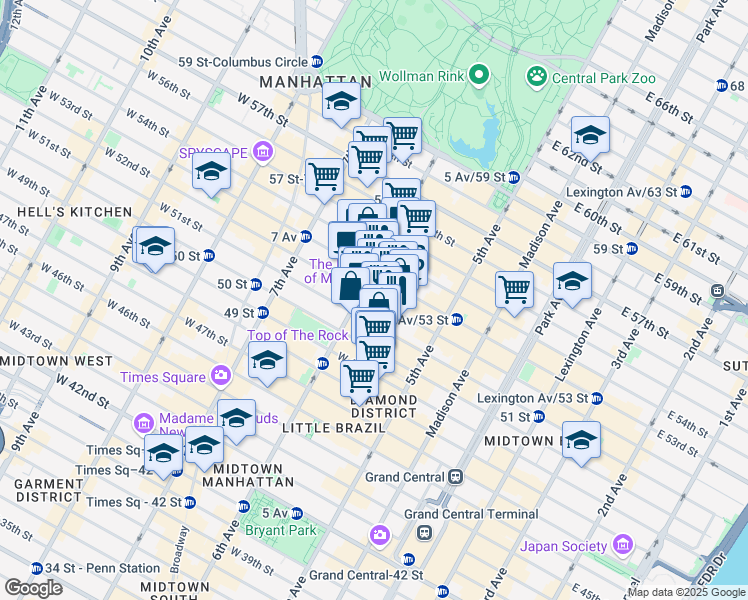 map of restaurants, bars, coffee shops, grocery stores, and more near 49 West 52nd Street in New York