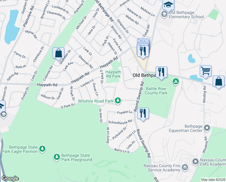 map of restaurants, bars, coffee shops, grocery stores, and more near 31 Oxford Road in Old Bethpage