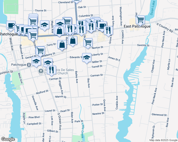 map of restaurants, bars, coffee shops, grocery stores, and more near 129 Bay Avenue in Patchogue
