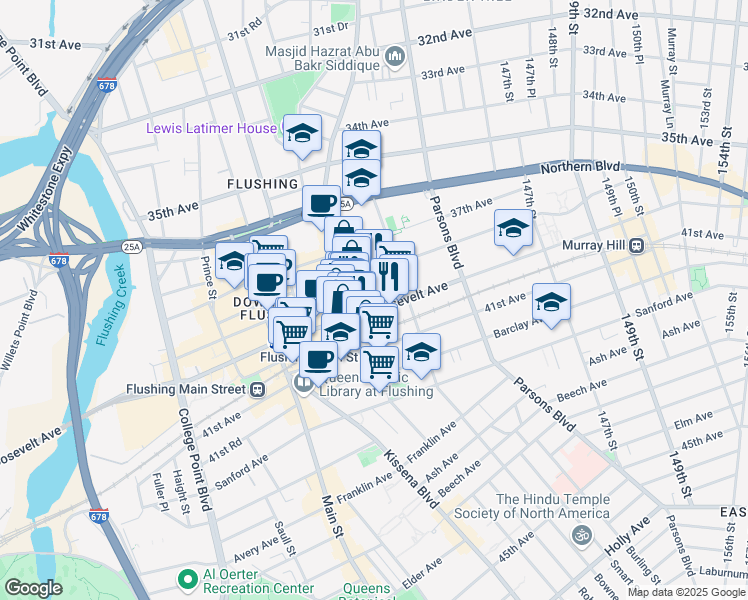 map of restaurants, bars, coffee shops, grocery stores, and more near 39-17 Union Street in Queens
