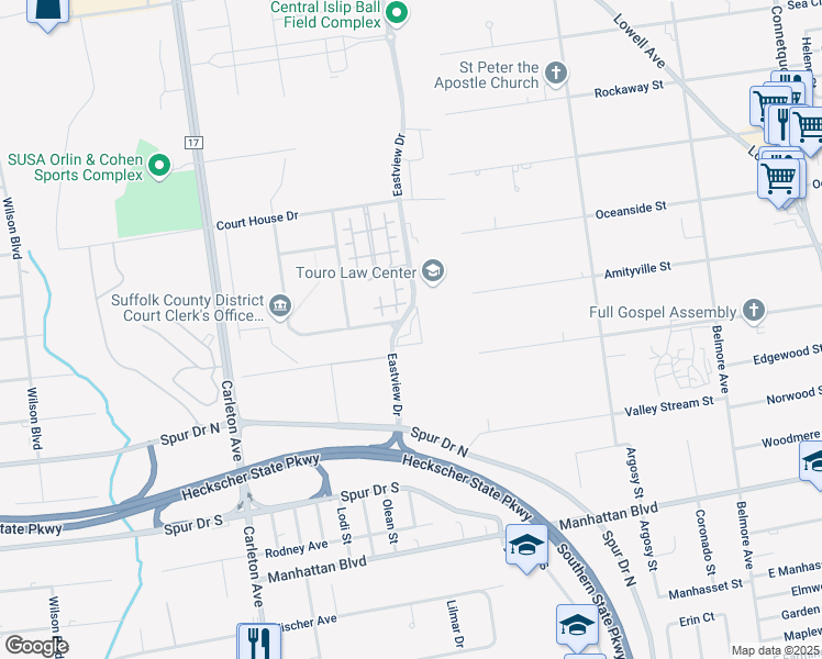 map of restaurants, bars, coffee shops, grocery stores, and more near 335 Saxton Court in Central Islip