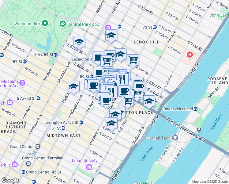 map of restaurants, bars, coffee shops, grocery stores, and more near 243 East 59th Street in New York