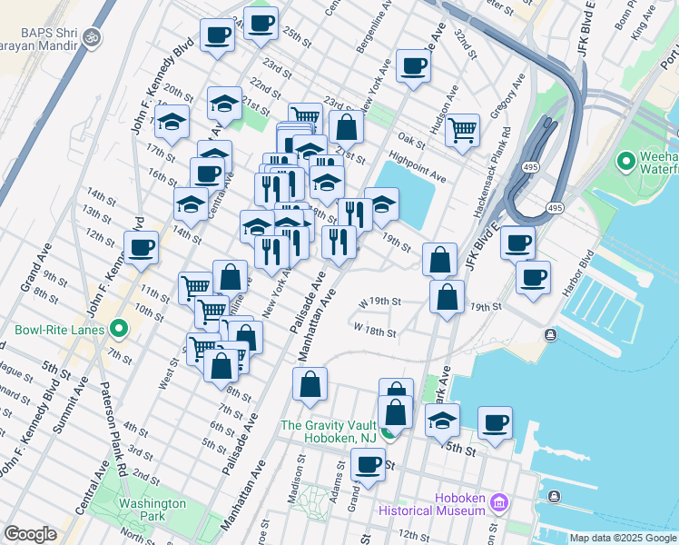 map of restaurants, bars, coffee shops, grocery stores, and more near 201 16th Street in Union City