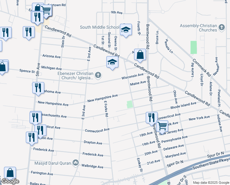 map of restaurants, bars, coffee shops, grocery stores, and more near 93 New Hampshire Avenue in Bay Shore