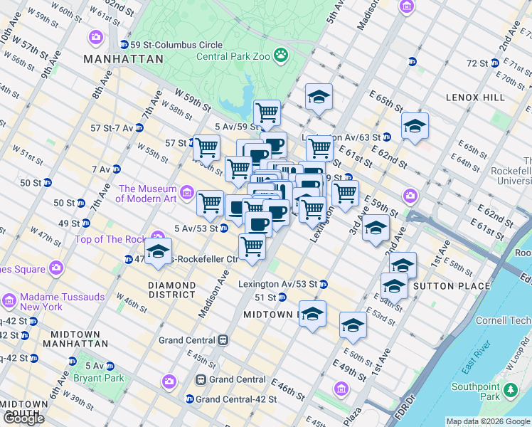 map of restaurants, bars, coffee shops, grocery stores, and more near 57 East 55th Street in New York