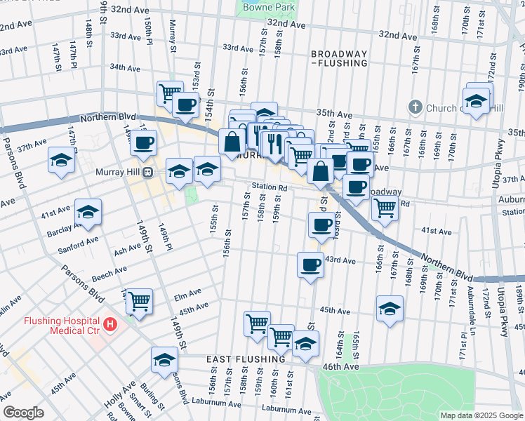map of restaurants, bars, coffee shops, grocery stores, and more near 158-0 Sanford Avenue in Queens