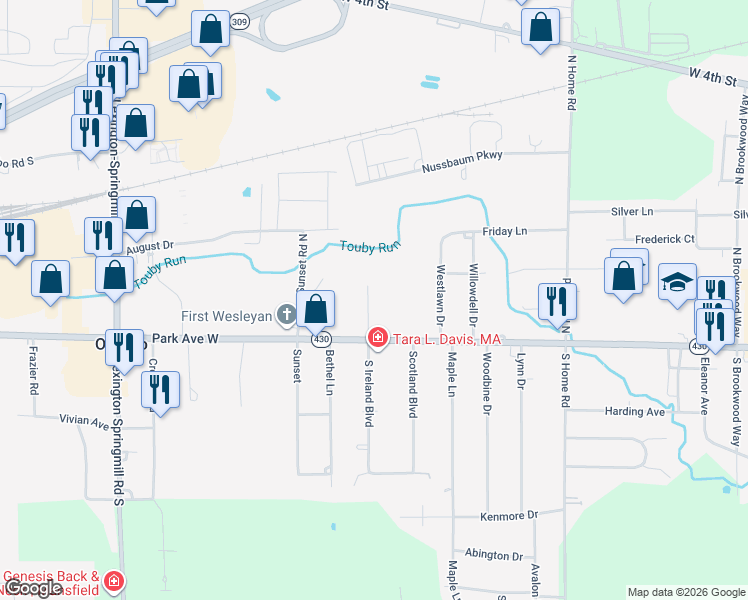 map of restaurants, bars, coffee shops, grocery stores, and more near 310 North Ireland Boulevard in Ontario