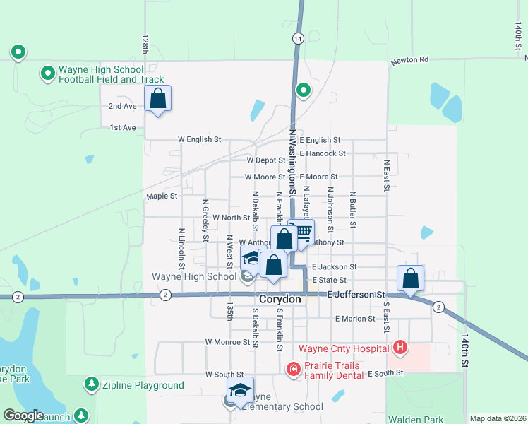 map of restaurants, bars, coffee shops, grocery stores, and more near 201-251 West North Street in Corydon